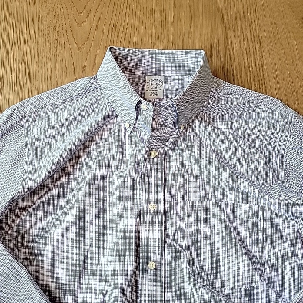 Brooks Brothers 346 Shirt Mens 16.5 4/5 Slim Fit Blue Purple Check Non Iron OCBD